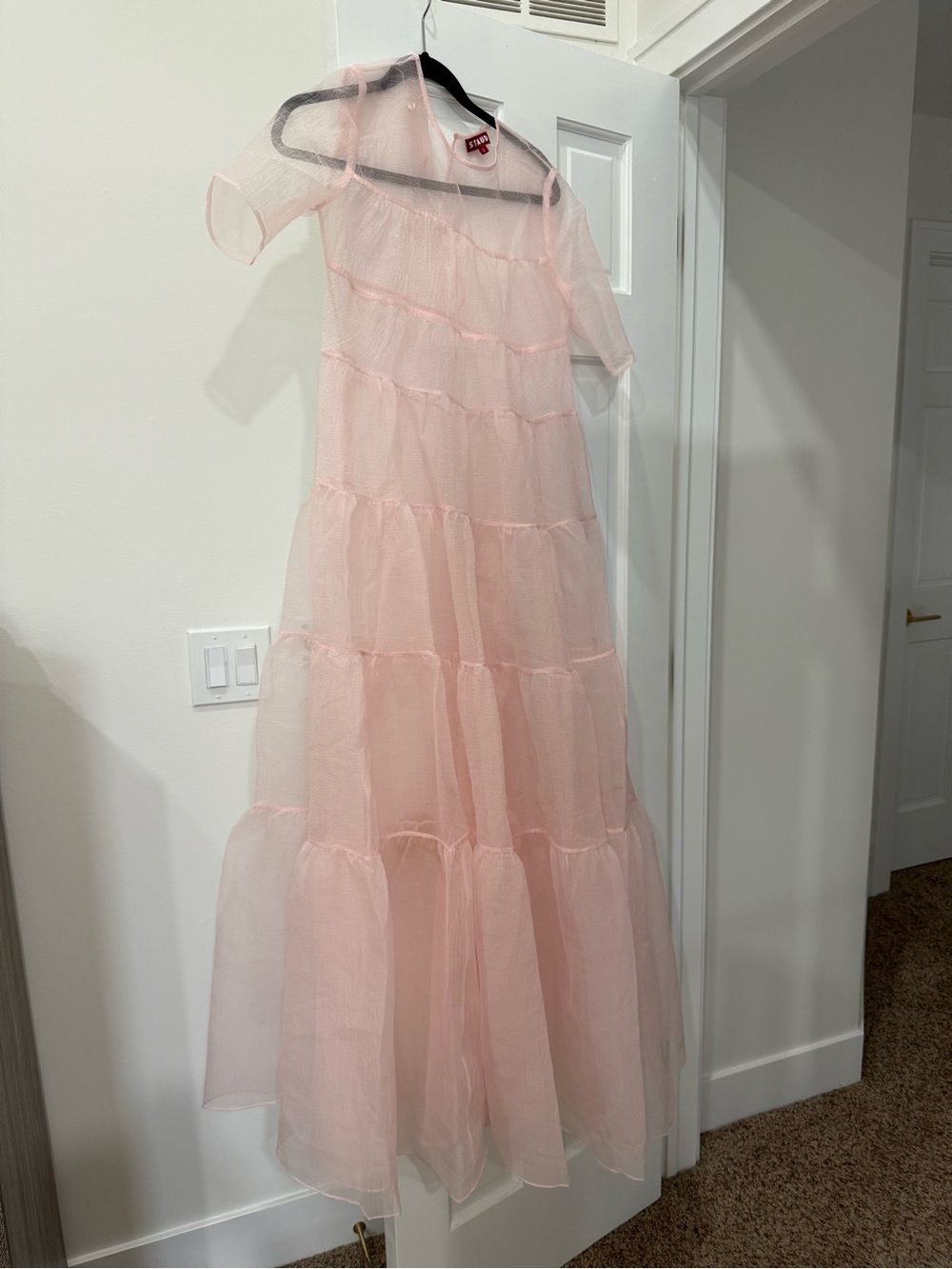Staud Hyacinth Sheer Pink Tiered Maxi Dress